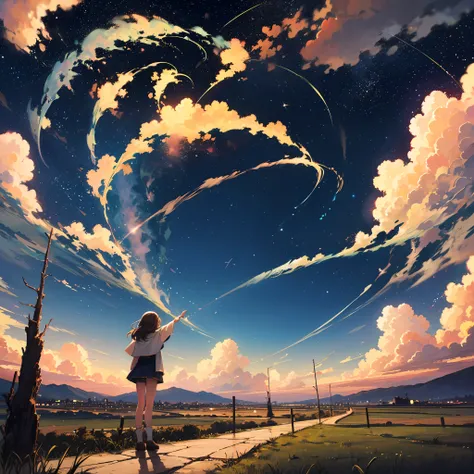 octans，Skysky，As estrelas（Skysky），scenecy，starrysky，the night，1girl，Night sky clouds，galactic，sitted，The tree，The landscape --auto