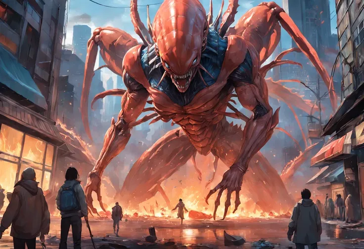 Cinematic image effects，Invading aliens，Invasive crayfish，Huge pliers，uncanny，blood vess，，Murderous，Full body like，combats，The city was destroyed，Dispersed crowds for their lives，blasts，fire glow，废墟，of a real，Facial features are carefully depicted，Realisti...