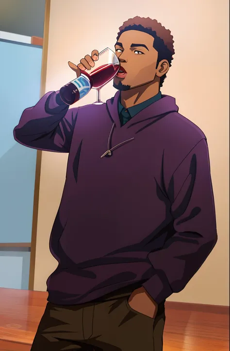 turn exactly this photo to cartoon style, black man, drink wine, drinking, show drink wine