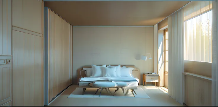 Bohoai room，Eye height 1.65，Look at the horizon，Camera angle 40°，tmasterpiece，photographrealistic，best qualtiy，gentlesoftlighting，Neutral tones，wooden floor，Beds，Headboard，Barred windows overlooking the forest，A blurry white carpet under the bed，Single bed...