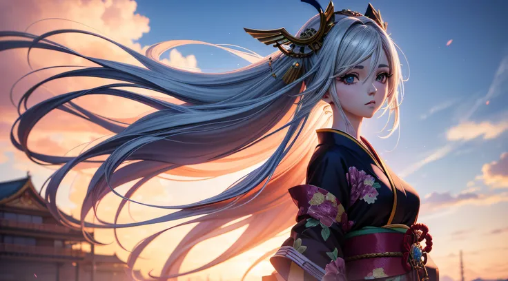 Garota inocente de anime de corpo inteiro com cabelo loiro com roupas longas estilo kimono branco posando para uma foto, arte cg anime suave, photorealistic anime girl rendering, Estilo de anime 3D realista, anime. soft lighting, Arte Digital Anime, Arte D...