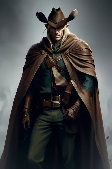 A high elf, gunslinger, wearing a cloak of the hide of a slain monster, with a cowboy duster hat, looks like a mercenary, dark