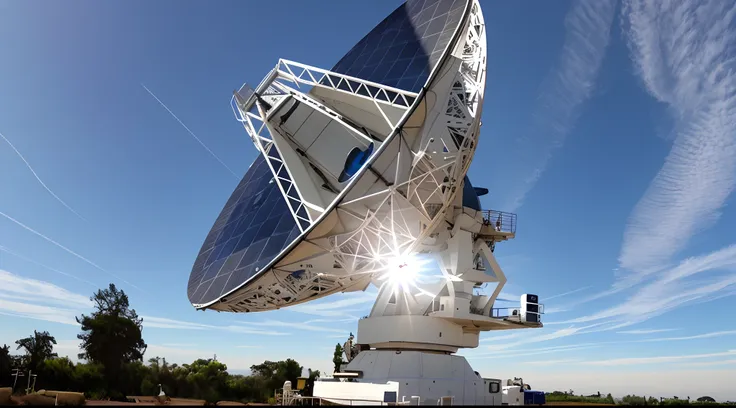 Arafed satellite dish on a train track with a blue sky in the background, grande matriz, radio telescope, alien antenna, a foto mostra um grande, antena, Space telescope, 4074294527, satellite, big telescope in front, 555400831, um radar enorme