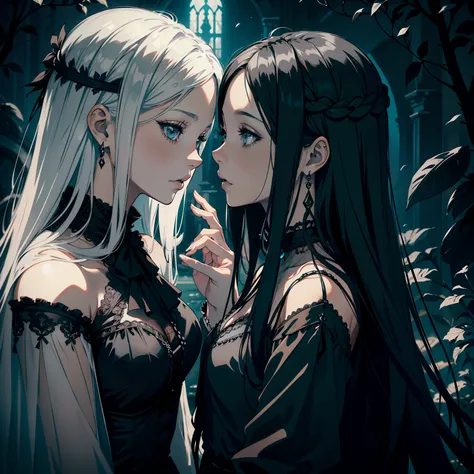 adesivo, fundo simples, portrait, 2 girls, couple, kissing, girl with long hair, beautiful gothic girl, gothic aesthetic, beautiful girl, very beautiful fantasy art, beautiful and elegant female gothic, beautiful detailed fantasy, black and silver color pa...