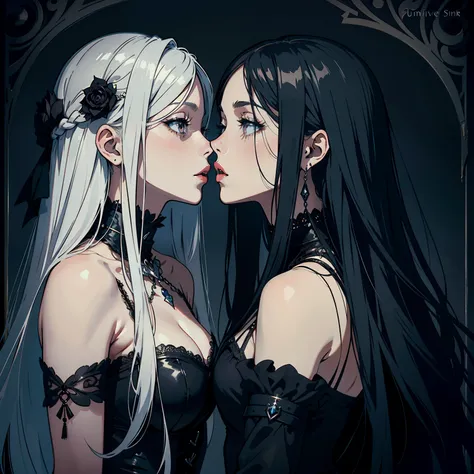 adesivo, fundo simples, portrait, 2 girls, couple, kissing, girl with long hair, beautiful gothic girl, gothic aesthetic, beautiful girl, very beautiful fantasy art, beautiful and elegant female gothic, beautiful detailed fantasy, black and silver color pa...