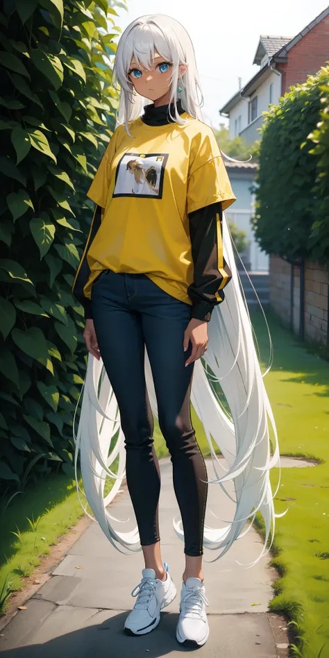 1 girl, brown skin, Green and yellow jacket, white t-shirt, Black jeans, very long hair, white hair, blue eyes, Full body, backback