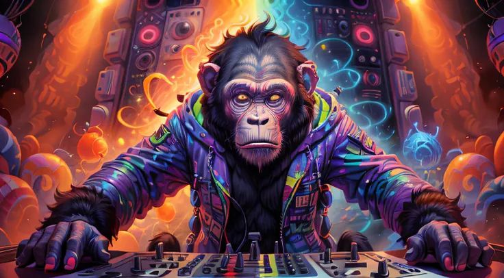 A neopunk DJ chimpanzee unleashes an electrifying and psychedelic performance, captivating the audience with mind-bending beats. The vibrant colors and pulsating rhythms create a hypnotic atmosphere,