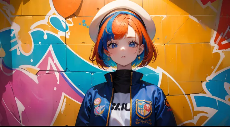 (Obra maestra, La mejor calidad, ultrahigh resolution, splendid),1girl,pelo corto, (chaqueta multicolor,chaqueta amarilla naranja azul y roja),cara hermosa y detallada, ojos detallados,in an alley, graffiti,((wallpaper))