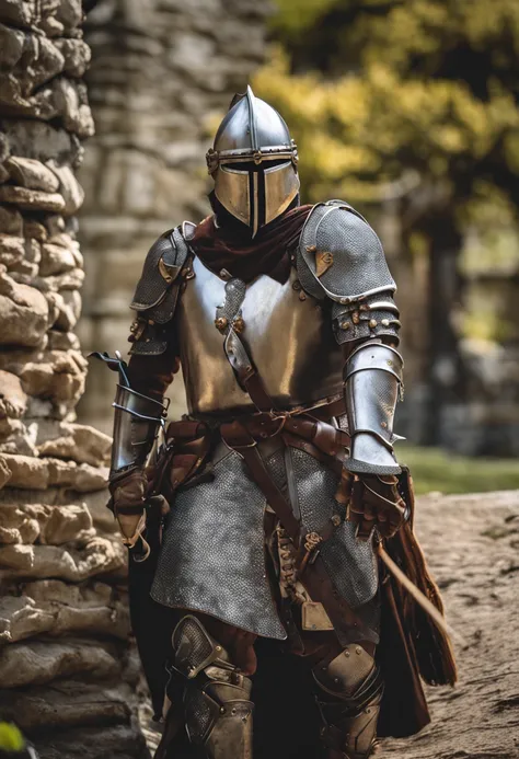 ((melhor qualidade, profesional lighting, 8k, animification)) 1 homem, cavalheiro, armadura pesada, armadura dourada e preto, espada grande, espada detalhada, paisagem castelo medieval, sem capacete, paisagem detalhada, armadura detalhada, brilho,