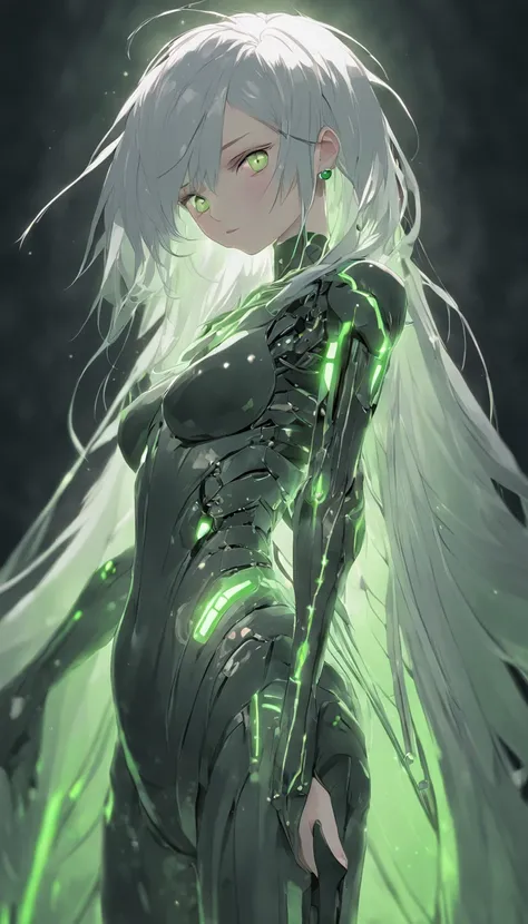 android woman,translucent plastic body with robotic skeleton,carbon textured,plastic face,serene glowing eyes,asimetrical long spike hair,white hair,green eyes,by wlop,realistic,8k,HDR,stable diffusion xl,agressive art style,cute girl