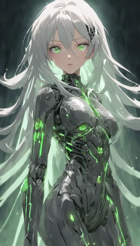 android woman,translucent plastic body with robotic skeleton,carbon textured,plastic face,serene glowing eyes,asimetrical long spike hair,white hair,green eyes,by wlop,realistic,8k,HDR,stable diffusion xl,agressive art style,cute girl