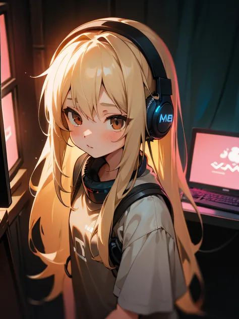 Long ash blonde hair, brown eyes, girl, small, cute, big shirt, computer, gaming, rgb lights, headphones