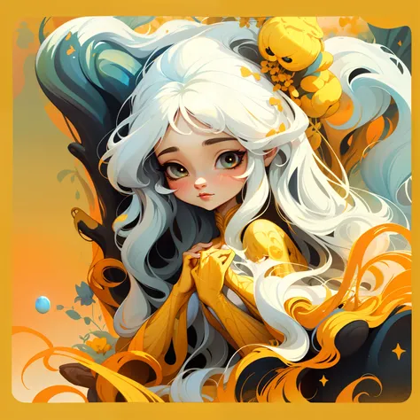 adesivo, fundo simples, portrait, 1 girl, girl with long hair, beautiful goddess girl, goddesd aesthetic, beautiful girl, very beautiful fantasy art, beautiful and elegant female goddess, beautiful detailed fantasy, yellow and white color palate yellow col...