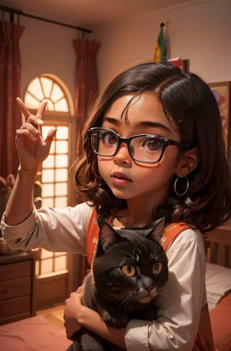 A Brazilian child, de pele bronzeada, cabelo marrom claro, with long hair and glasses, na janela do seu quarto, Looking Up The Sky, brincando com um gatinho preto fofo, tirar uma selfie na janela do seu quarto iluminada, this illustration is HD illustratio...