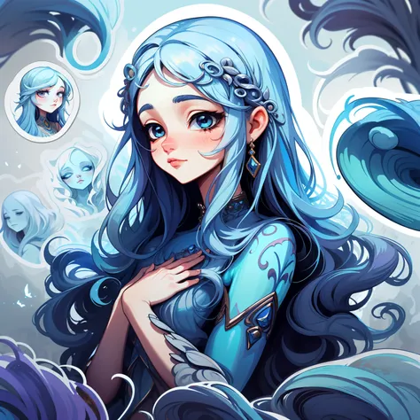 adesivo, fundo simples, portrait, 1 girl, girl with long hair, beautiful goddess girl, goddess aesthetic, beautiful girl, very beautiful fantasy art, beautiful and elegant female goddess, beautiful detailed fantasy, blue and silver color palate, blue color...