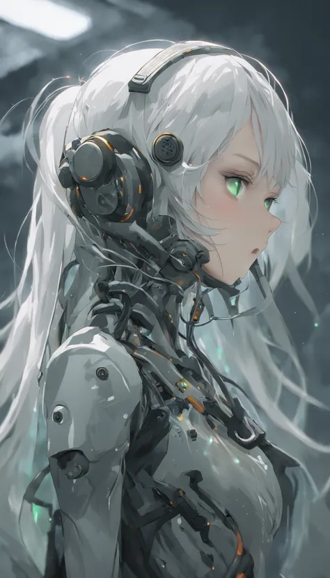 android woman,translucent plastic body with robotic skeleton,carbon textured,plastic face,serene glowing eyes,asimetrical long spike hair,white hair,green eyes,headphones,gas mask,by wlop,realistic,8k,HDR,stable diffusion xl,agressive art style,cute girl