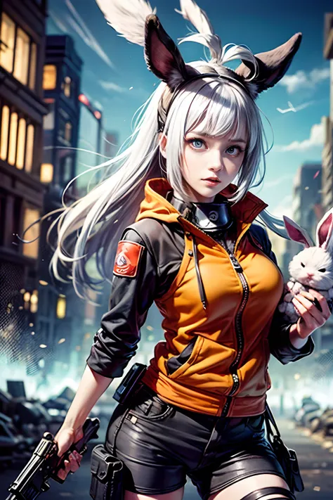 (tmasterpiece), (beste-Qualit), realisti, cinematiclight, ((Hinata from Naruto with a cute bunny, submachine gun)), cool pose, battlefield background, the perfect body, Cyan eyes, white colored hair