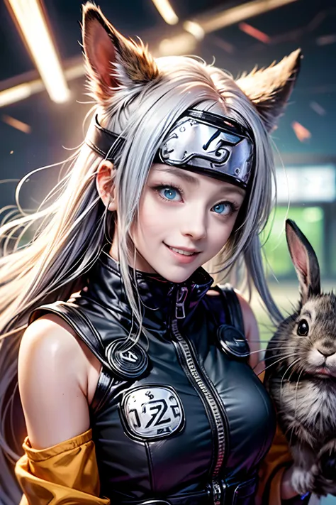 (tmasterpiece), (beste-Qualit), realisti, cinematiclight, (((Hinatas girlfriend Naruto smiles against the background of rabbits))),  attack pose, battlefield background, the perfect body, Cyan eyes, white colored hair