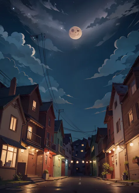 Night sky on a deserted street with houses next door, illustration (8K illustration), (Melhor qualidade) (Detalhes intrincados) (8K) (night  sky), Moon with smiling face the sky.