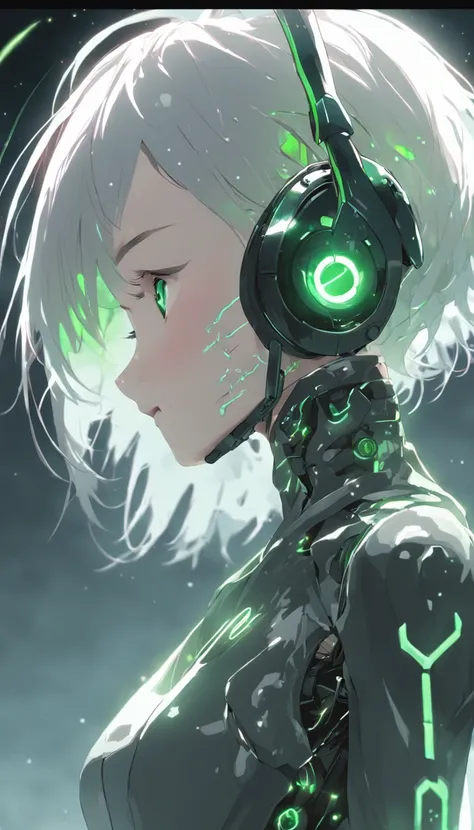 android woman,translucent plastic body with robotic skeleton,carbon textured,plastic face,serene glowing eyes,asimetrical short spike hair,white hair,green eyes,headphones,by wlop,realistic,8k,HDR,stable diffusion xl,anime style,cute girl