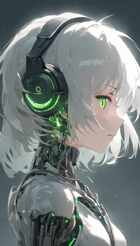 android woman,translucent plastic body with robotic skeleton,carbon textured,plastic face,serene glowing eyes,asimetrical short spike hair,white hair,green eyes,headphones,by wlop,realistic,8k,HDR,stable diffusion xl,anime style,cute girl