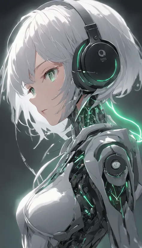 android woman,translucent plastic body with robotic skeleton,carbon textured,plastic face,serene glowing eyes,asimetrical short spike hair,white hair,green eyes,headphones,by wlop,realistic,8k,HDR,stable diffusion xl,anime style,cute girl