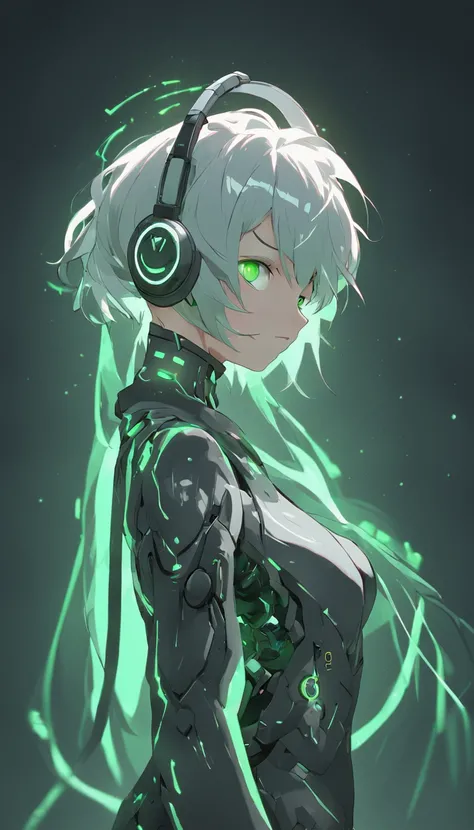 android woman,translucent plastic body with robotic skeleton,carbon textured,plastic face,serene glowing eyes,asimetrical short spike hair,white hair,green eyes,headphones,by wlop,realistic,8k,HDR,stable diffusion xl,anime style,cute girl