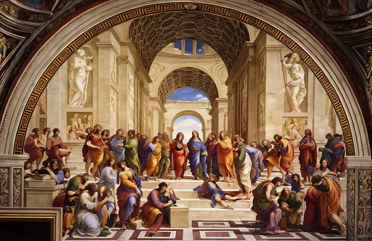 Arafed pintura de uma escola de Atenas com um grupo de pessoas, raphael high renaissance, Estilo de Michaelangelo, Por Raphael, Estilo de arte renascentista, arte renascentista, arte arte renascentista, estilo de pintura renascentista, Pintura a fresco, pr...