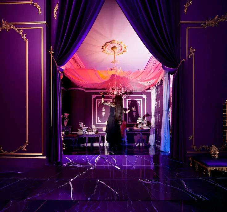 Content-based fill, Brightly lit purple room, Tiled room Marble room, Baroque painting background, high-end, high-end, Trend Vaporwave Mansion, Purple aesthetics, Luxurious Rococo Baroque style, masutepiece, high-end, A luxurious setting, wonderful masterp...