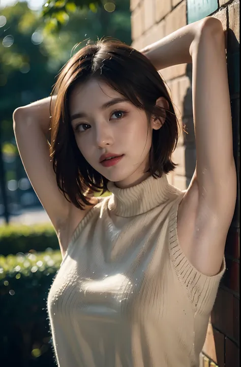 (Show your armpits in the park、A hyper-realistic、Armpit、Oiled shiny armpits:1.20、Glossy armpits、oiled slimy armpits:1.20、slimy or underarms:1.20、Bright and detailed armpits、Detailed armpit wrinkles:1.7、Realistic armpit wrinkles:1.7、Light illuminating the a...