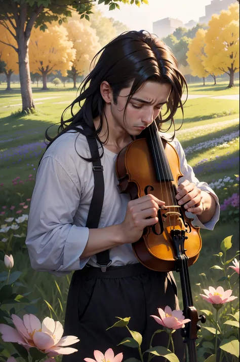 homem chorando com um violino em um campo cheio de flores, realista, cinematico, (absurdo, alta resolução, hiper detalhado, hdr)...