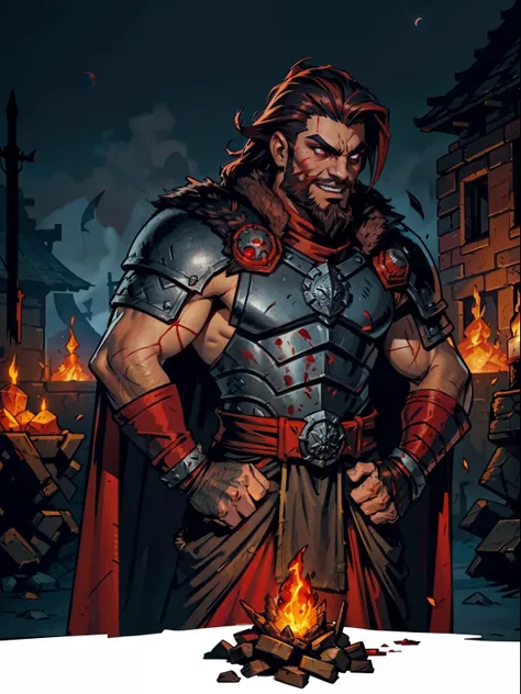 Blood moon background, Darkest Dungeon style, casting fire. Sadurang from Marvel, hunk, buffed physics, short mane hair, mullet, defined face, detailed eyes, short beard, glowing red eyes, dark hair, wily smile, badass, dangerous. Wearing full red armor wi...