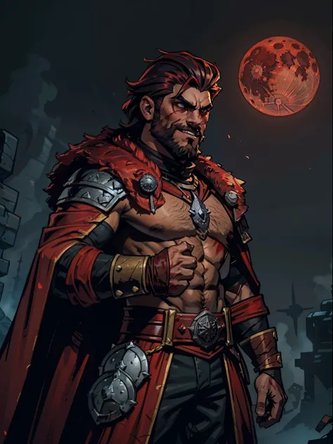 Blood moon background, Darkest Dungeon style, casting fire. Sadurang from Marvel, hunk, buffed physics, short mane hair, mullet, defined face, detailed eyes, short beard, glowing red eyes, dark hair, wily smile, badass, dangerous. Wearing full red armor wi...