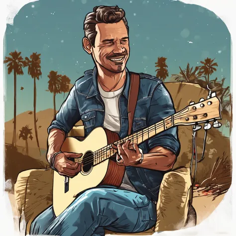 country music singer sitting playing guitar with transparent background, imagem estilo cartoon, estilo gta V, personagens do gta V