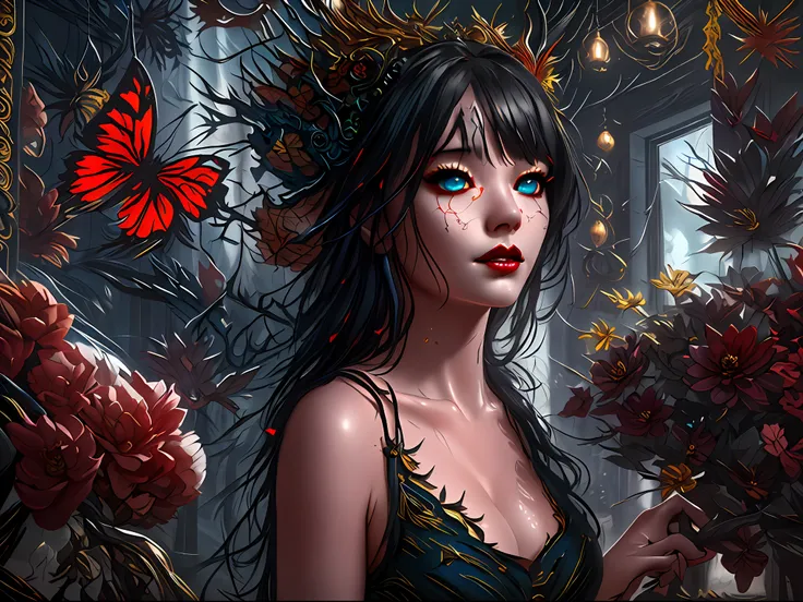 high details, best quality, 16k, RAW, [best detailed], masterpiece, best quality, (extremely detailed), full body, ultra wide shot, photorealistic, dark fantasy art, goth art, RPG art, D&D art, a picture of a dark female fairy showing flowers in a florist ...