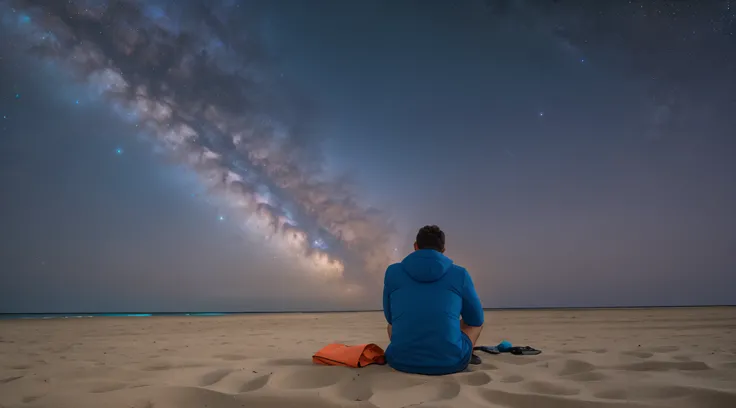 arafed man sitting on the beach looking at the milky, sitting on the cosmic cloudscape, looking out into the cosmos, sitting on the beach at night, lost in the immensity of space, endless cosmos in the background, watching the stars, universe in a grain of...