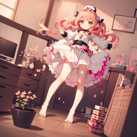 very cute female child:1.5,10 yo,Clothes with peach-colored ruffles:1.8, Barefoot, Summer,action:1.6,dynamic pose,dynamic angle,dutch angle shot,low angle,full body shot,medium shot,flat chest:1.5,nsfw:1.3, Cute PINK Living room:1.8,4K, (Raw photo: 1.2), (...