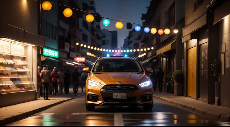 imagem rua central da coreia a noite, pessoas andando, iluminada, muitas pessoas, carros, letras nas lojas fotografia tirada de frente por um fotografo, rua com detalhes realista de asfalto, People on the sidewalk, com a bandeira da coreia