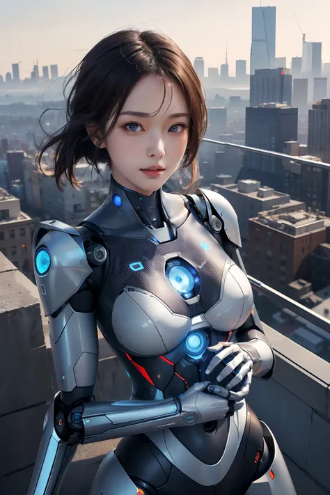 ​masterpiece, top-quality, Beautiful AI robot woman, verd s eyes, Look at viewers, proximity, natta, Cityscape, the wind, Medium chest,