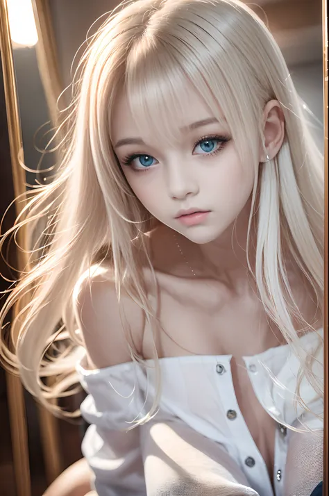 bright expression、Young shiny shiny white shiny skin、Best Looks、Blonde reflected light、Platinum blonde hair with dazzling highlights、shiny light hair,、Super long silky straight hair、Beautiful bangs that shine、Glowing crystal clear attractive big blue eyes、...