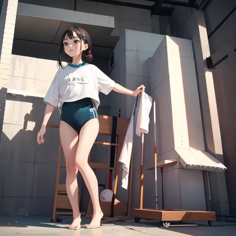 very cute female child:1.1,10 yo,japanese gym-suit:1.8,action:1.6,dynamic pose,dynamic angle,ground-level shot,low angle,full body shot,medium shot,Barefoot,Summer,day,flat chest,Wind,Drooping sweat:1.1,(4K), (Raw photo: 1.2), (Realism: 1.4), (masutepiece:...