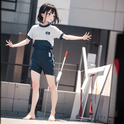 very cute female child:1.1,10 yo,japanese gym-suit:1.8,action:1.6,dynamic pose,dynamic angle,ground-level shot,low angle,full body shot,medium shot,Barefoot,Summer,day,flat chest,Wind,Drooping sweat:1.1,(4K), (Raw photo: 1.2), (Realism: 1.4), (masutepiece:...