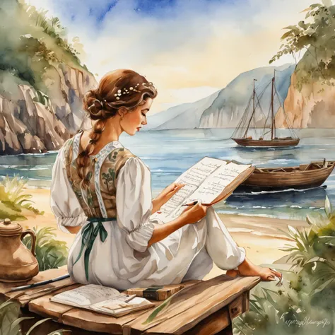 "Mulher no barco de madeira estilo cottagecore vintage com uma flor em seu cabelo, captured in a beautifully detailed scene with good lighting. The image has a realistic and highly artistic quality, assemelhando-se a uma obra-prima. The woman is writing, e...