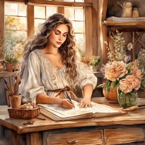 "Mulher no barco de madeira estilo cottagecore vintage com uma flor em seu cabelo, captured in a beautifully detailed scene with good lighting. The image has a realistic and highly artistic quality, assemelhando-se a uma obra-prima. The woman is writing, e...