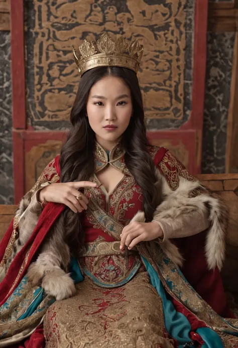 Crie uma imagem comovente da filha de Genghis Khan, ela sentada em um trono, with a queens crown and holding a scroll symbolizing her late husbands inheritance. She is surrounded by counselors and exudes confidence.