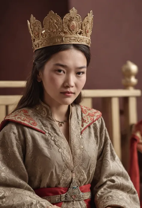 Crie uma imagem comovente da filha de Genghis Khan, ela sentada em um trono, with a queens crown and holding a scroll symbolizing her late husbands inheritance. She is surrounded by counselors and exudes confidence.