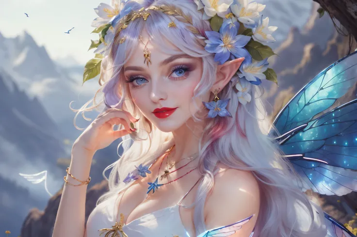 she is an arrogant flower fairy, ((best quality)), ((masterpiece)), ((large glowning blue magic necklace:1.2)), 1 female, full length shot, Beautiful Caucasian face, (arrogant smile:1.2), dancing, (Contrapposto:1.3), (sexy seductive pose:1.1), long naked l...