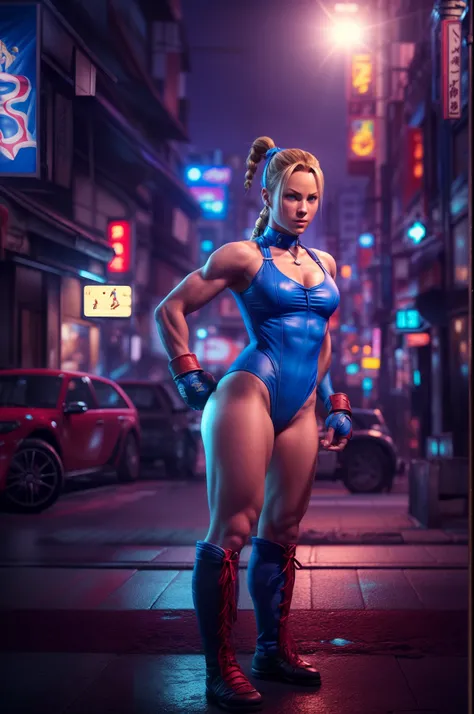 Cammy in a blue Leotard from (street fighter) video game, standing downtown Tokyo at night in a fighter pose, realism, crystal clear, micro-details, photorealism, photorealistic, cinematic light