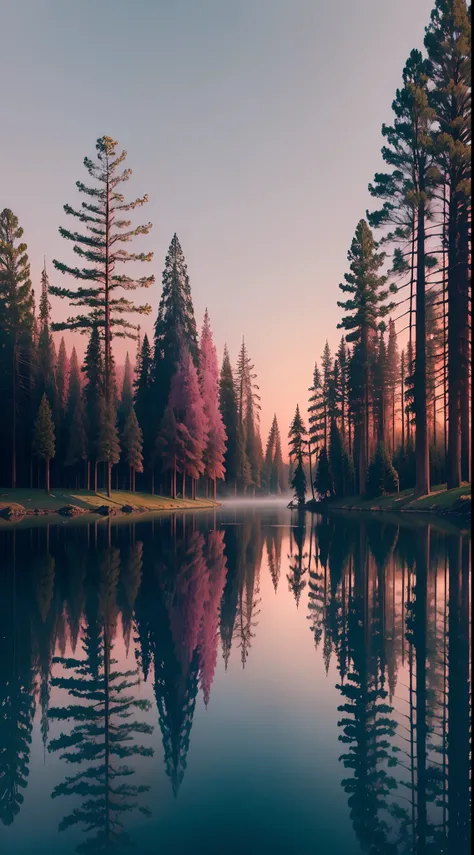 /imagine prompt: Magical scenery at dawn, where the sky blends into soft shades of pink and orange. A forest of tall trees is covered in a delicate mist, when the first rays of the sun begin to shine through the leaves. No centro da cena, There is a serene...