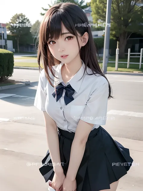 arafed asian woman in a uniform posing for a picture, a hyperrealistic schoolgirl, a hyperrealistic schoolgirl, beautiful anime high school girl, Realistic Young Gravure Idol, photorealistic anime, real life anime girl, charming anime girls, wearing japane...